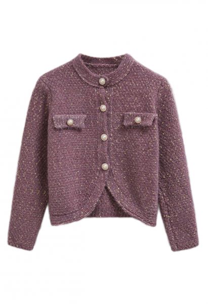 Fuzzy Mix-Knit Button Down Cardigan in Purple