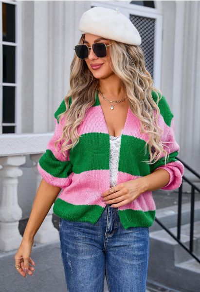 Striped Color Block Open Front Knit Cardigan in Green