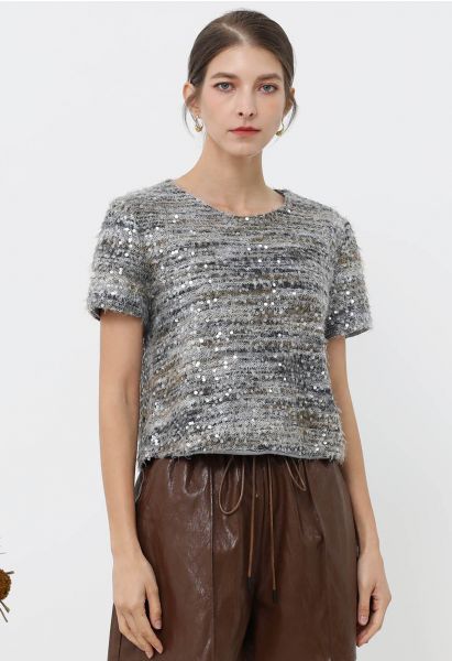 Sequin Mosaic Fuzzy Crop Top in Grey