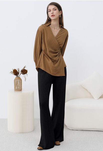 Buttoned Hem Ribbed Knit Pants in Black