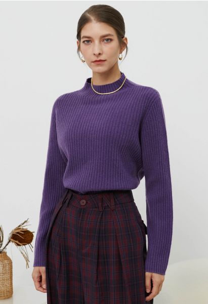 Elemental Mock Neck Long-Sleeve Wool Sweater in Purple