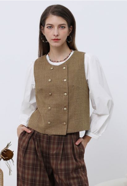 Preppy Style Double-Breasted Vest in Camel