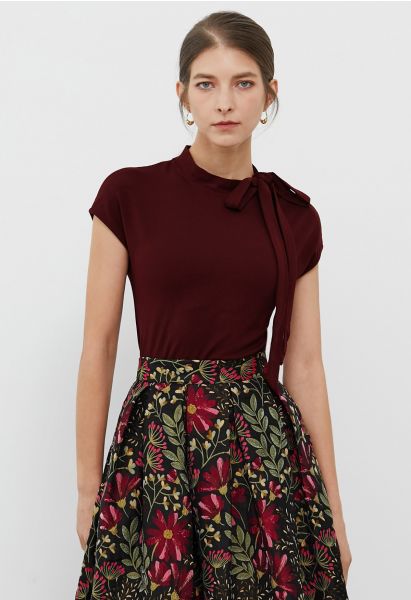 Bow-Tie Embellished Cap Sleeve Top in Burgundy