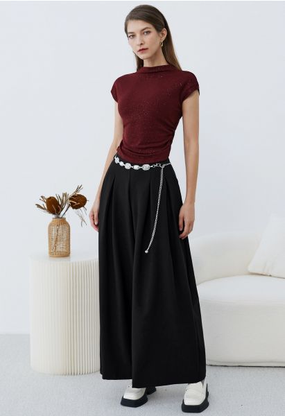 Chain-Embellished Pleated Palazzo Pants in Black