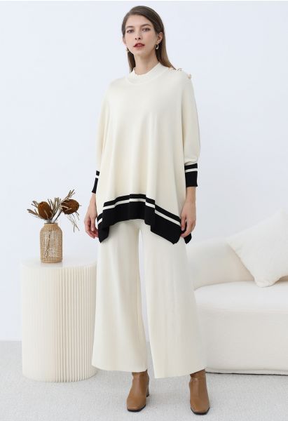 Contrast Detail Knit Poncho and Pants Set in Cream