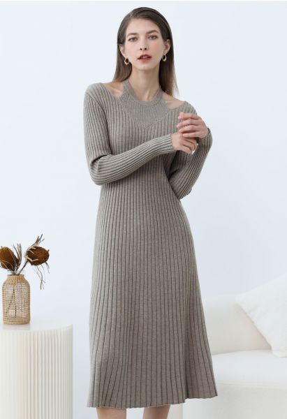 Cutout Neckline Ribbed Knit Midi Dress in Taupe