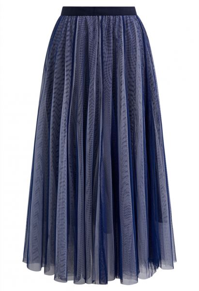 Mixture Color Panelled Tulle Maxi Skirt in Indigo