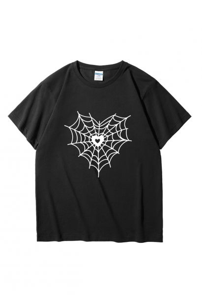 White Heart Spider Web Pattern T-Shirt