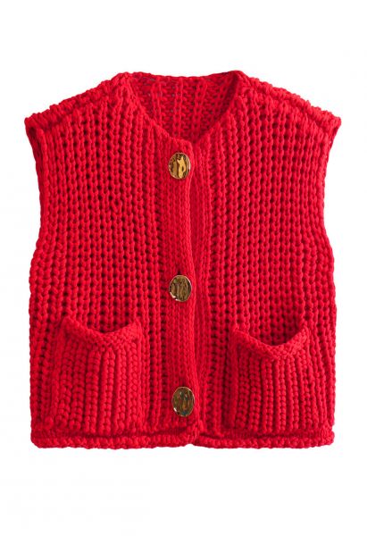 Bold Golden Buttons Patch Pocket Chunky Knit Vest in Red