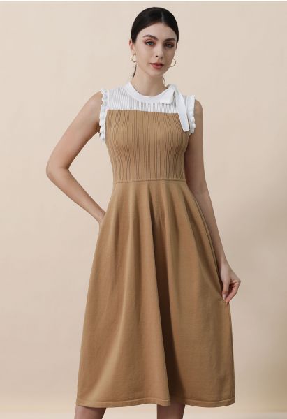 Bowknot Shoulder Ruffle Sleeveless Knit Midi Dress in Camel