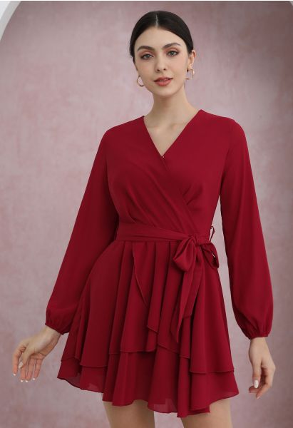 Lovable Tiered Ruffled V-Neck Wrapped Tie-Waist Mini Dress in Red