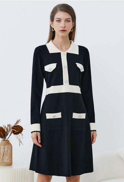 Voguish Contrast Collared Buttoned Knit Dress