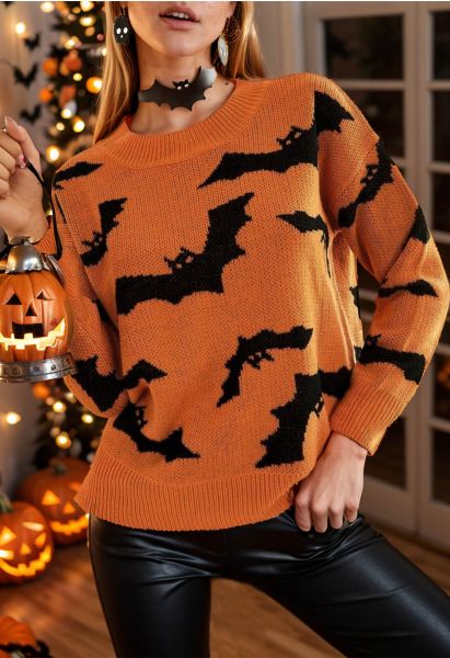 Spooky Bats Pattern Long-Sleeve Knit Sweater