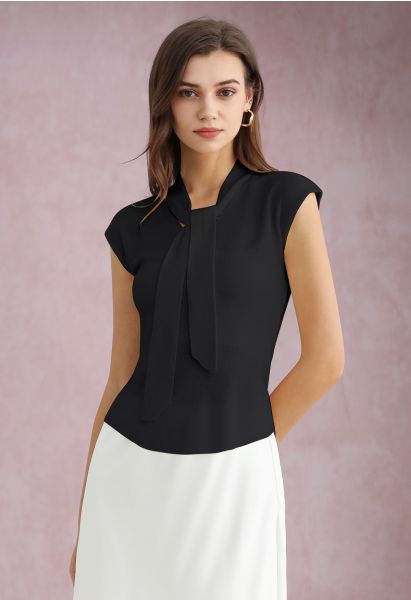 Ribbon-Tied Neckline Cap Sleeve Knit Top in Black