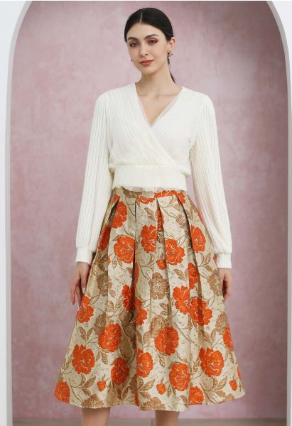 Ornate Floral Jacquard Pleated Flare Midi Skirt in Orange