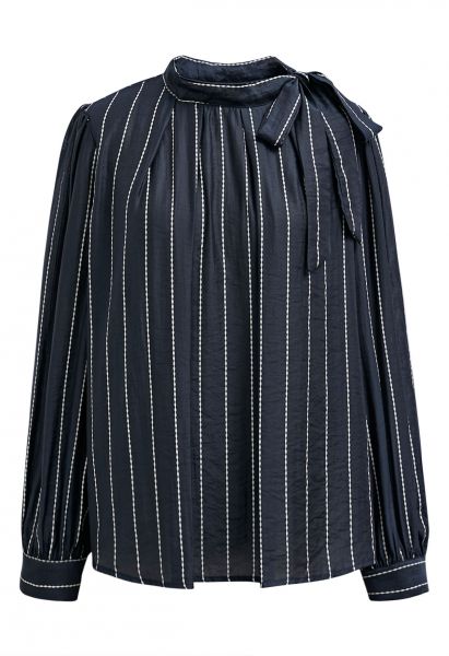 Striped Tie Neck Puff Sleeve Pleats Shirt in Navy