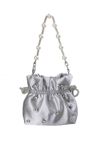 Rhinestone Decor Drawstring Shoulder Bag in Grey