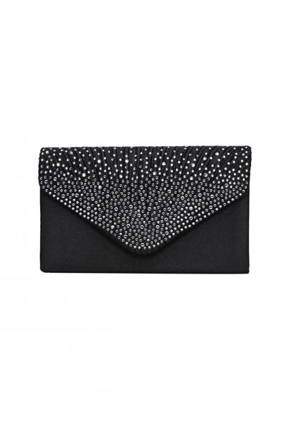 Rhinestone Embellished Satin Envelope Bag in Black