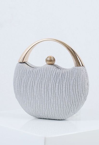 Elegance Round Handle PU Leather Clutch in Silver