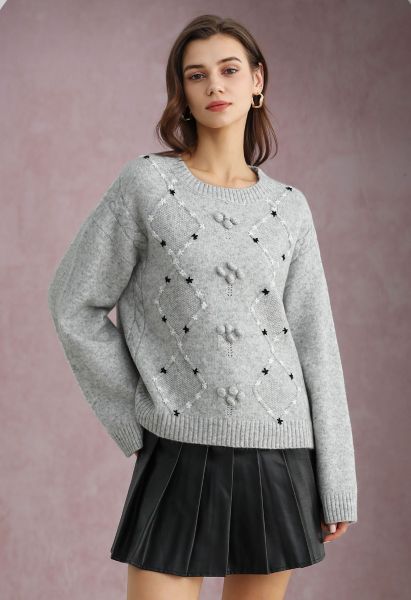 Floral Diamond Pom-Pom Ribbed Knit Sweater in Grey