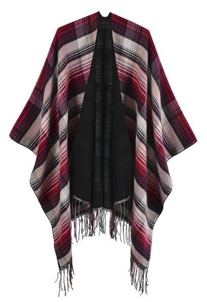 Classic Tartan Fringed Hem Poncho in Red