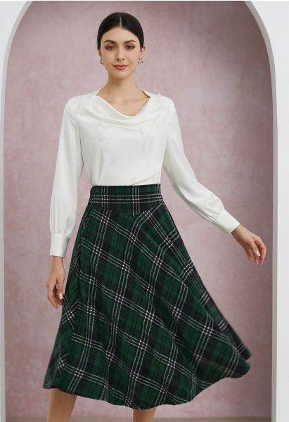 Sophisticated Plaid A-Line Midi Skirt in Dark Green