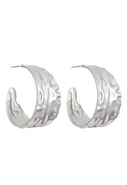 Wave Texture C-Shaped Hoop Earrings in Silver