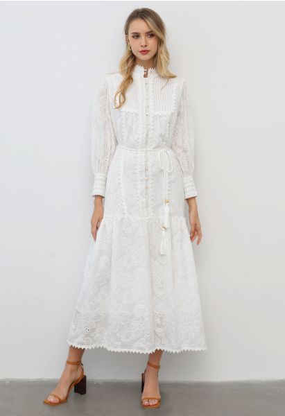 Floral Eyelet Embroidery Tassel String Buttoned Maxi Dress in White