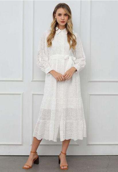 Delicate Eyelet Embroidery Tie-Waist Buttoned Midi Dress in White