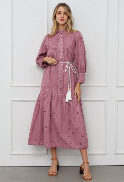 Floral Eyelet Embroidery Tassel String Buttoned Maxi Dress in Mauve