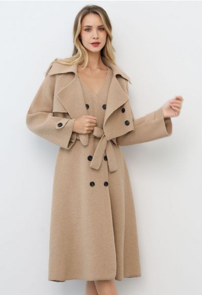 Double-Breasted Sleeveless Knit Dress and Cardigan Set in Tan