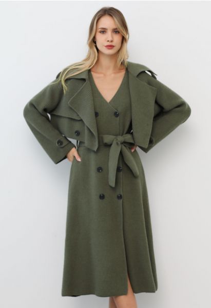 Double-Breasted Sleeveless Knit Dress and Cardigan Set in Army Green