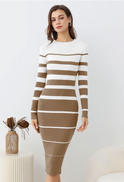 Color Block Stripe Bodycon Knit Midi Dress in Tan