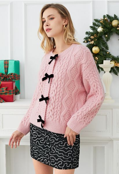 Bowknot Snap Button Braid Knit Cardigan in Pink