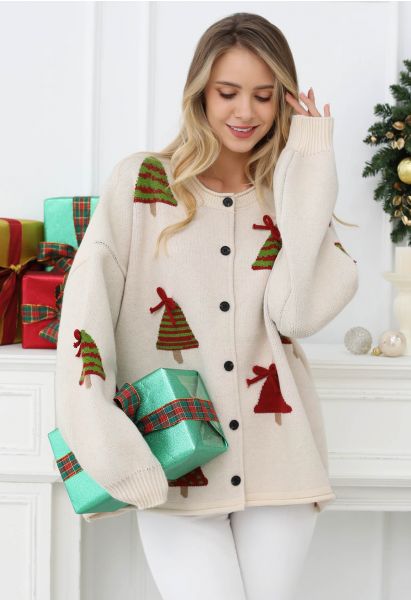 Cutie 3D Bowknot Christmas Tree Buttoned Knit Cardigan in Oatmeal