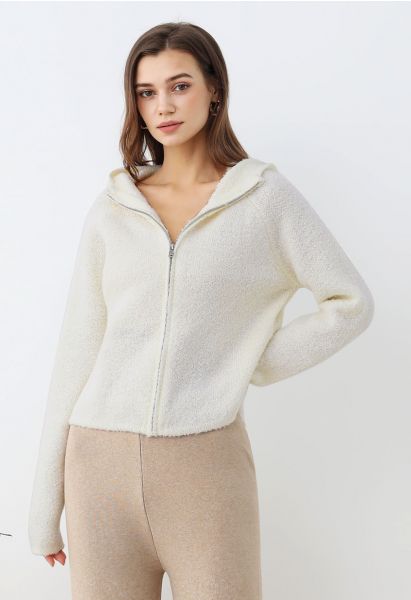 Winter Essentials Hooded Zip-Up Knit Cardigan in Ivory