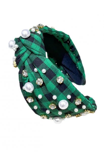 Classic Plaid Rhinestone Beaded Headband in Green