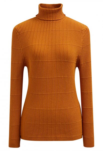 Softness Turtleneck Ribbed Texture Knit Top in Orange