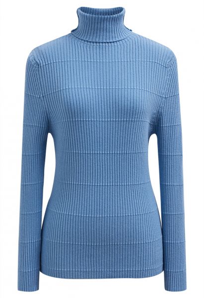 Softness Turtleneck Ribbed Texture Knit Top in Blue