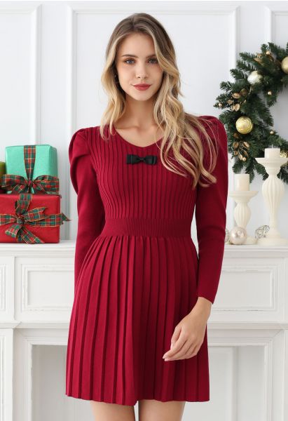 Delicate Bow Puff Sleeve Pleated Knit Mini Dress in Red