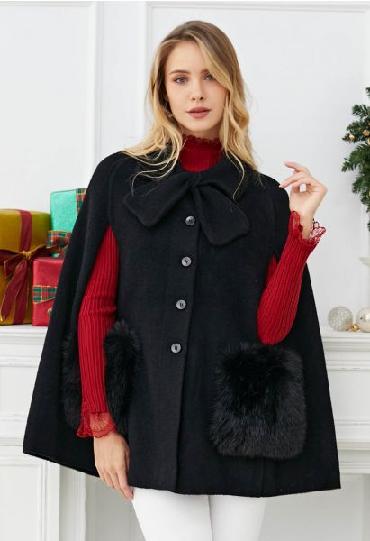 Bowknot Decor Faux Fur Pocket Buttoned Knit Cape Coat in Black