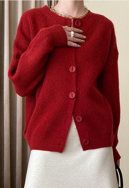 Delicate Softness Ribbed Buttoned Knit Cardigan in Red