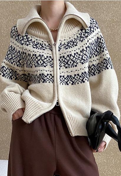 Double-Zip Fair Isle Jacquard Knit Cardigan in Cream