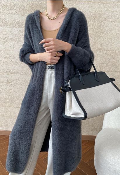 Fluffy Open Front Hooded Longline Knit Cardigan in Smoke