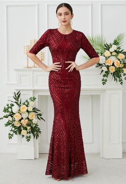 Opulent Geometry Sequin Mermaid Gown in Red