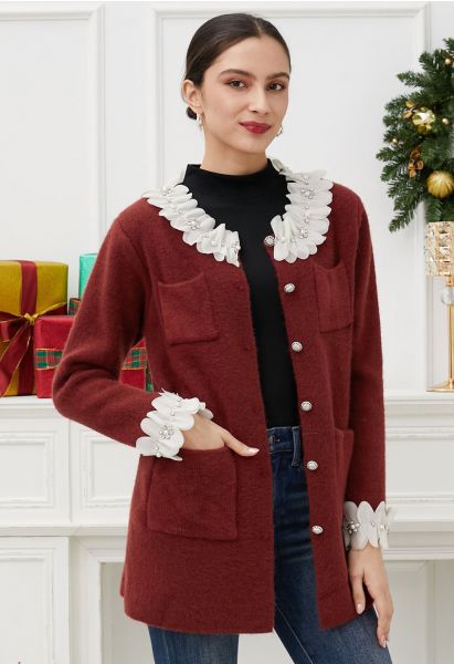 3D Petal Neckline Patch Pocket Knit Cardigan in Burgundy