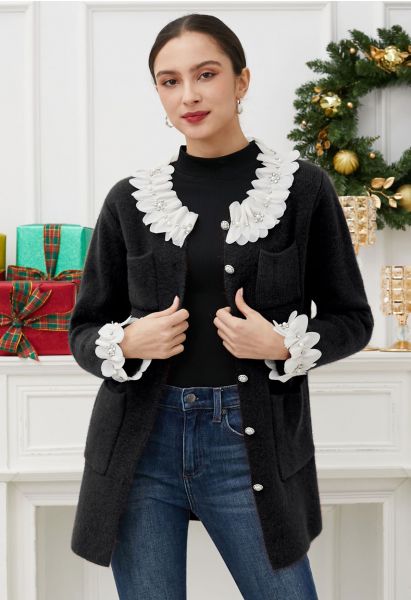 3D Petal Neckline Patch Pocket Knit Cardigan in Black