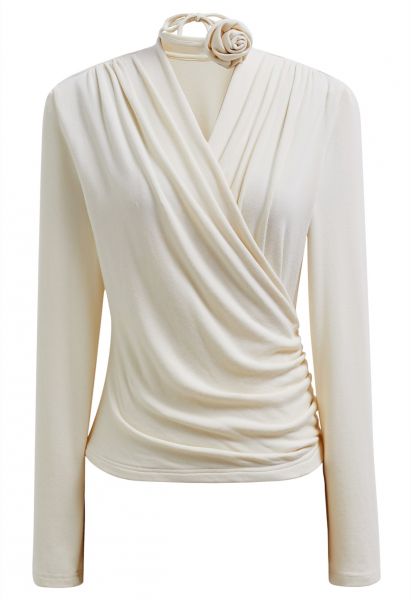 Faux-Wrap Ruched Top with Choker in Cream