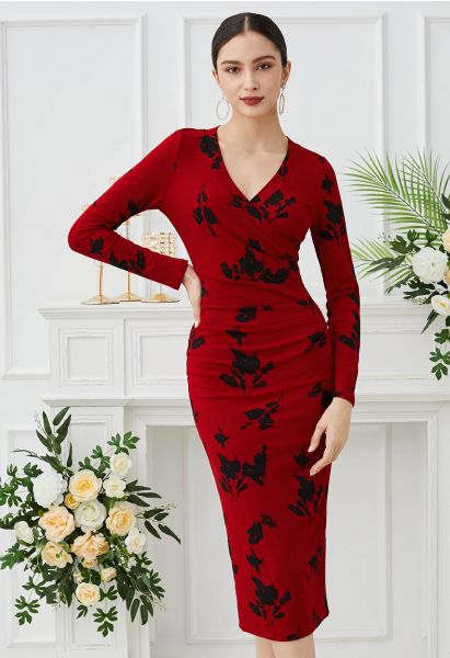 Eternal Romance Faux-Wrap Ruched Midi Dress