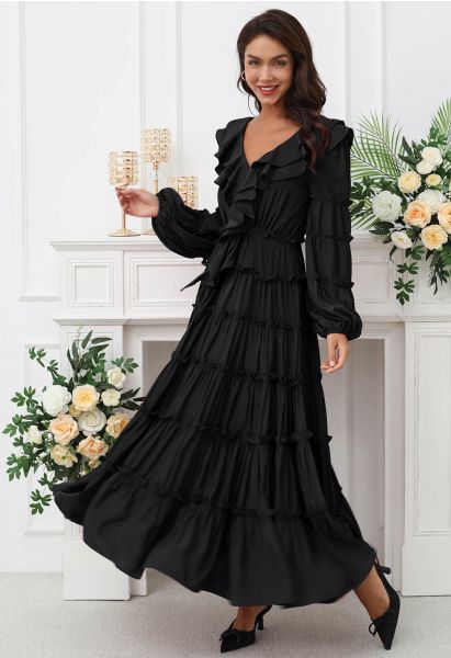 Dramatic Tiered Ruffles V-Neck Maxi Dress in Black